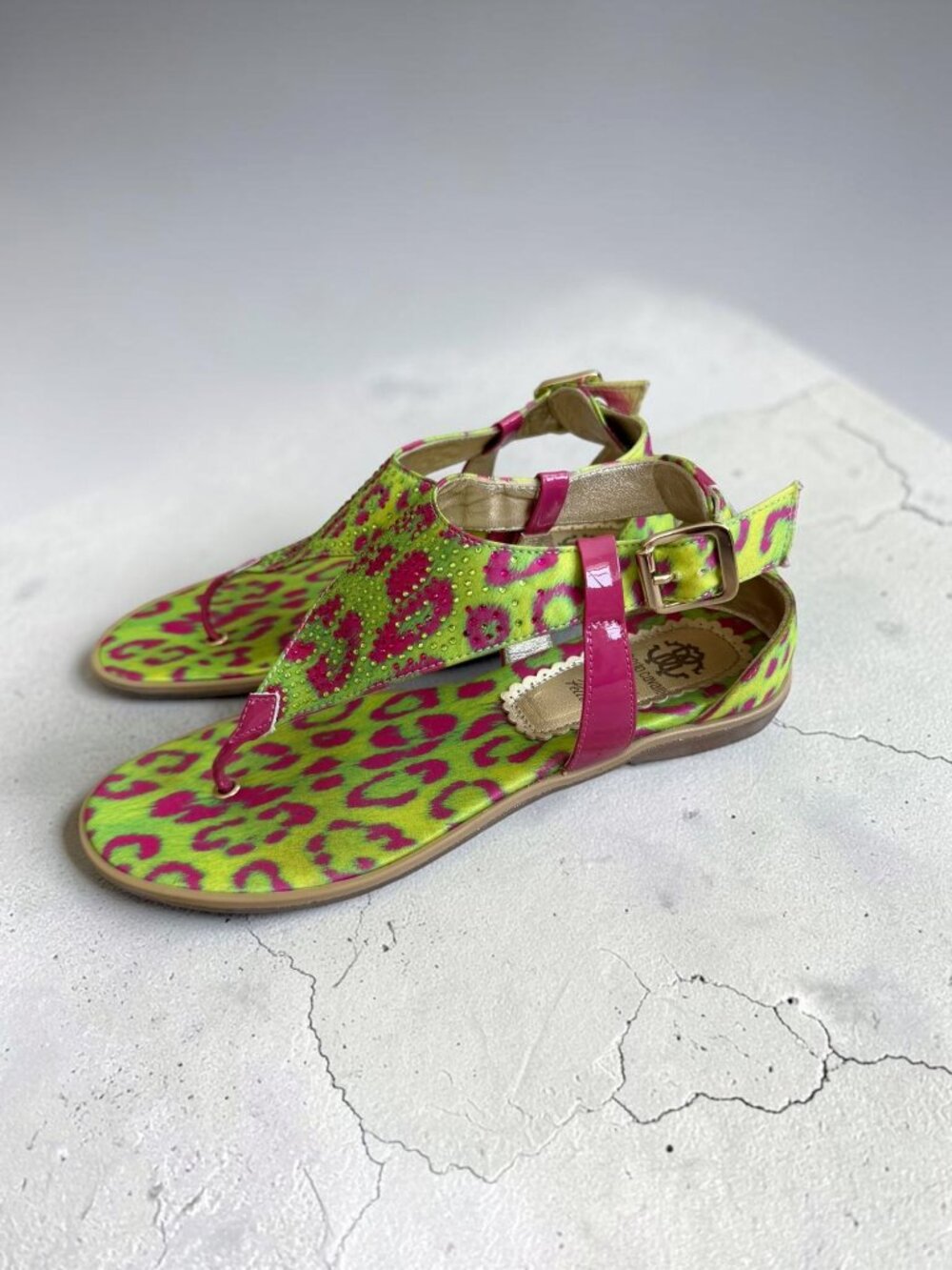 ROBERTO CAVALLI Green Pink Satin Sandals Flats Size 37 / US 7